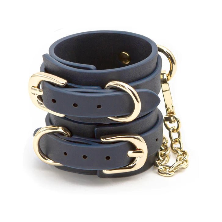 Menottes BDSM en cuir vegan bleu, parfaites pour débuter