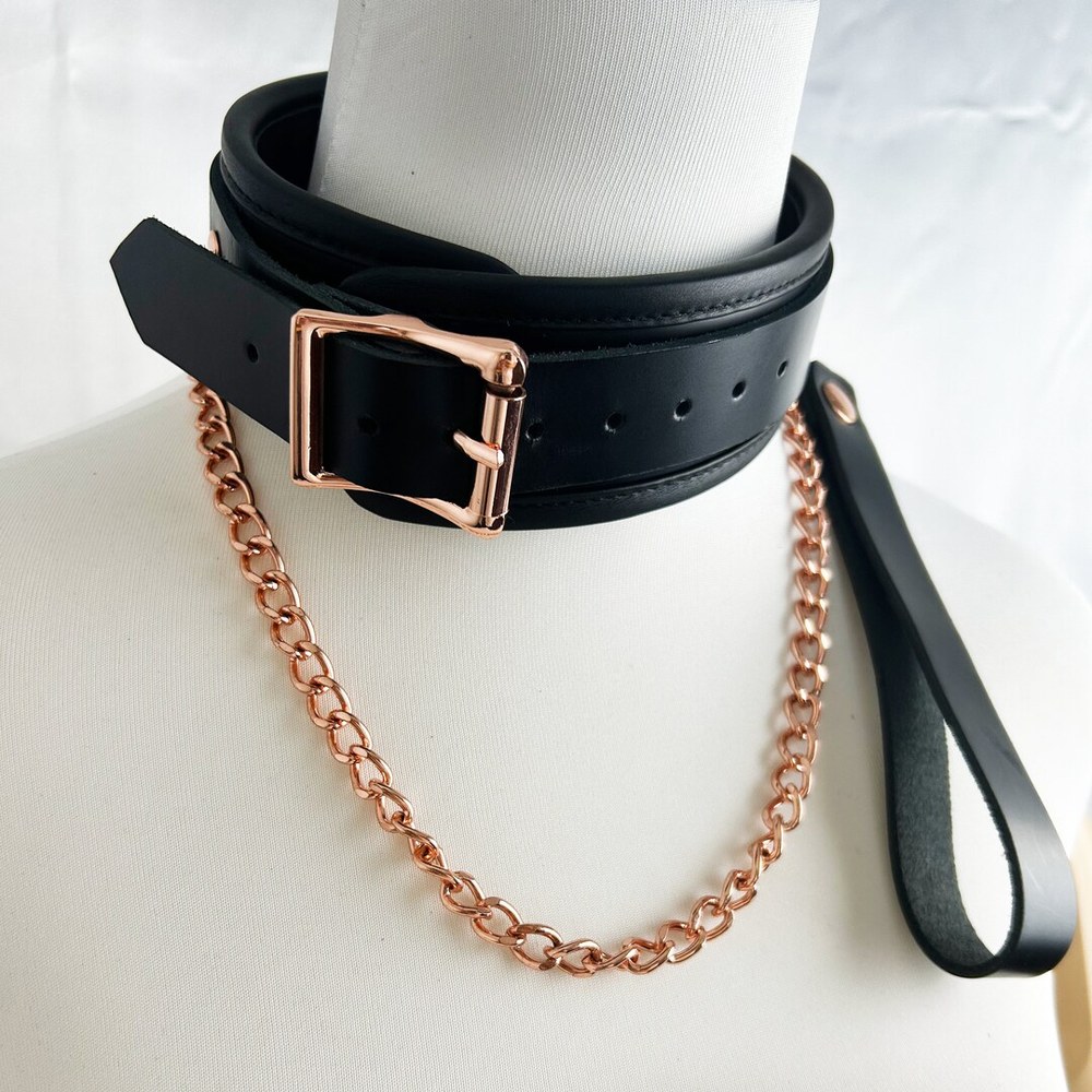 Collier BDSM en cuir noir avec laisse à chaîne rose gold, vendu par 1969