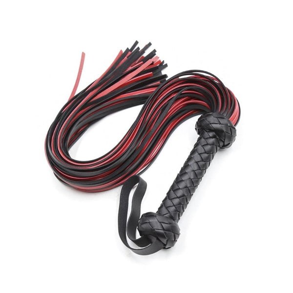Black and red BDSM leather flogger with falls and handle, Dorcel style