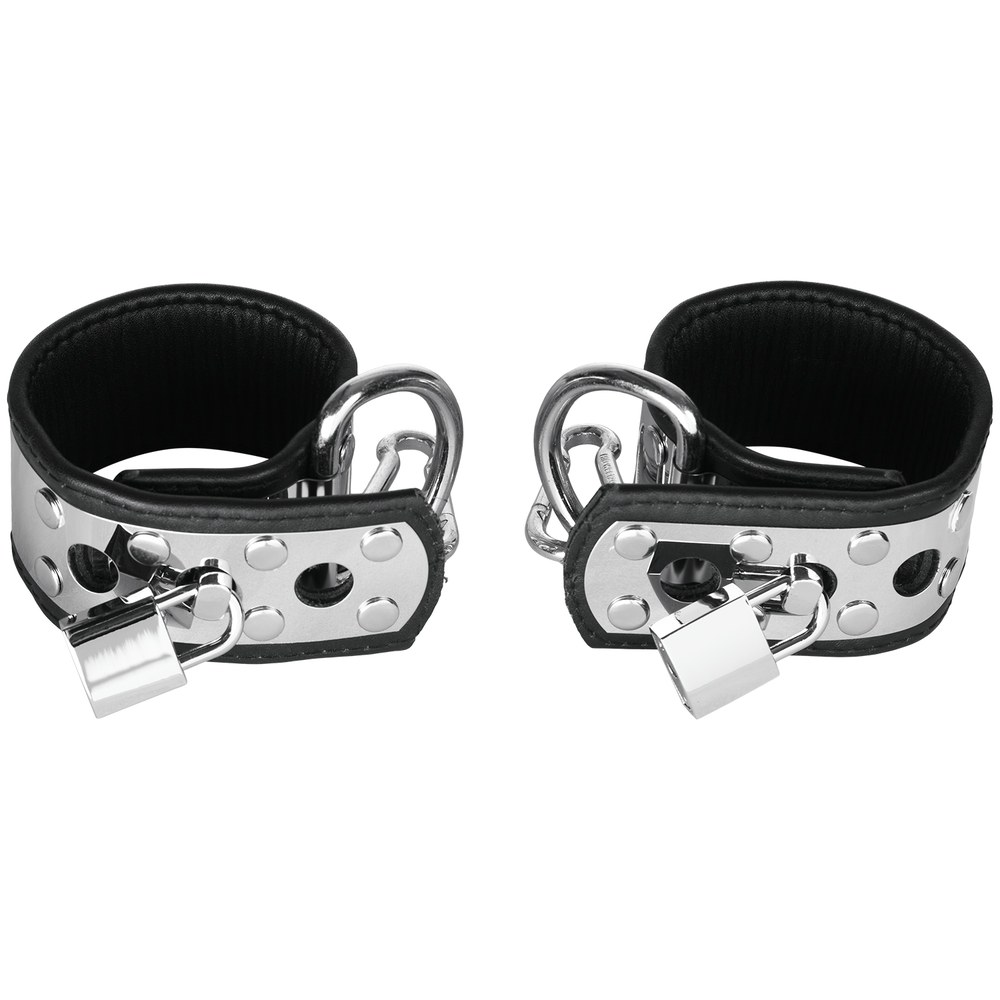 Pair of BDSM handcuffs in leather and metal with padlock, 1969 selection