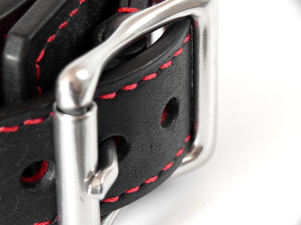Pair of BDSM handcuffs in black and red leather, Dorcel style