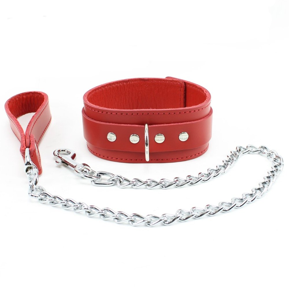 Red BDSM leash with leather collar and chain, accessible Lovehoney-style range