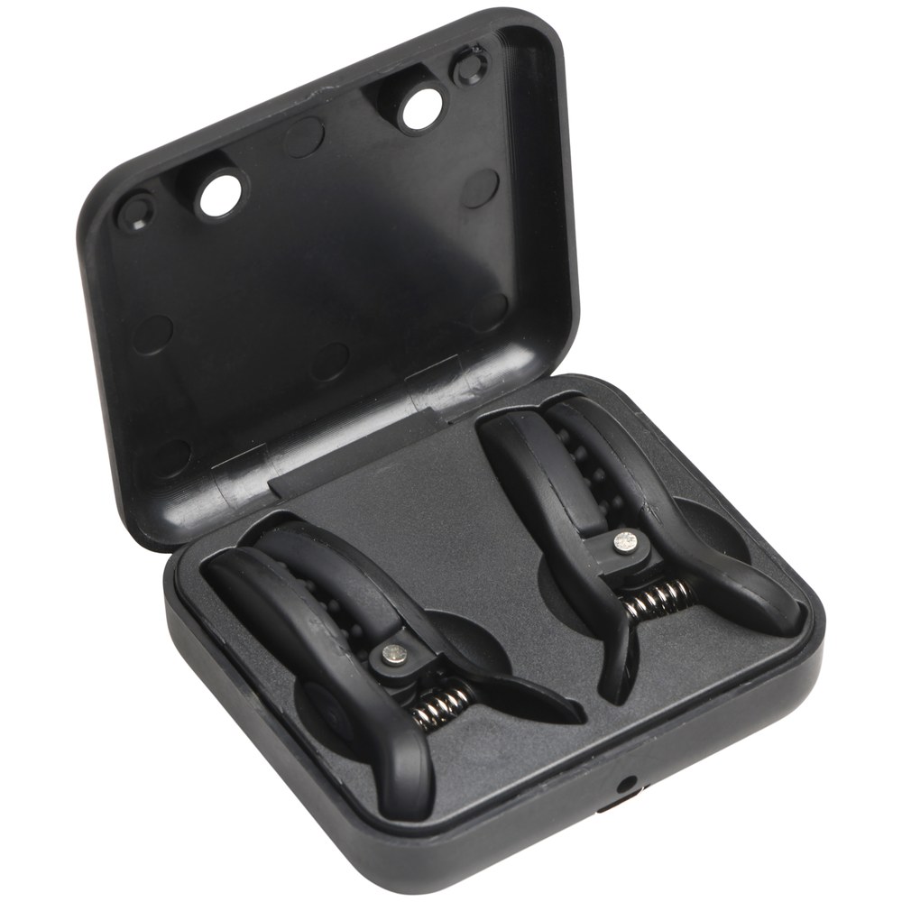 Black high-end vibrating nipple clamps, fetish model in the Pulsion-SM style